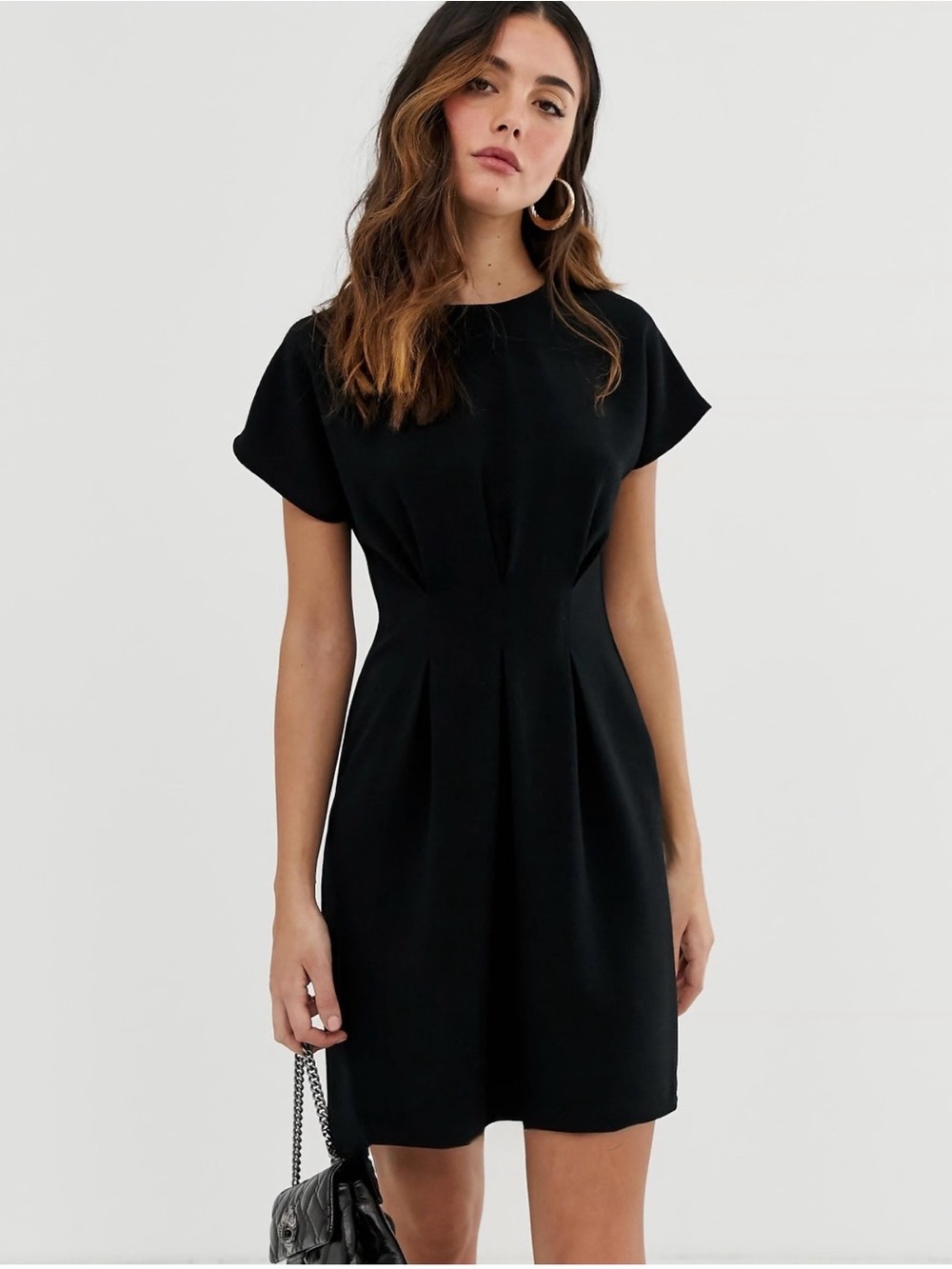 ASOS DESIGN Black Short Sleeve Pleated Nipped in Waist Dress / Size 8 US